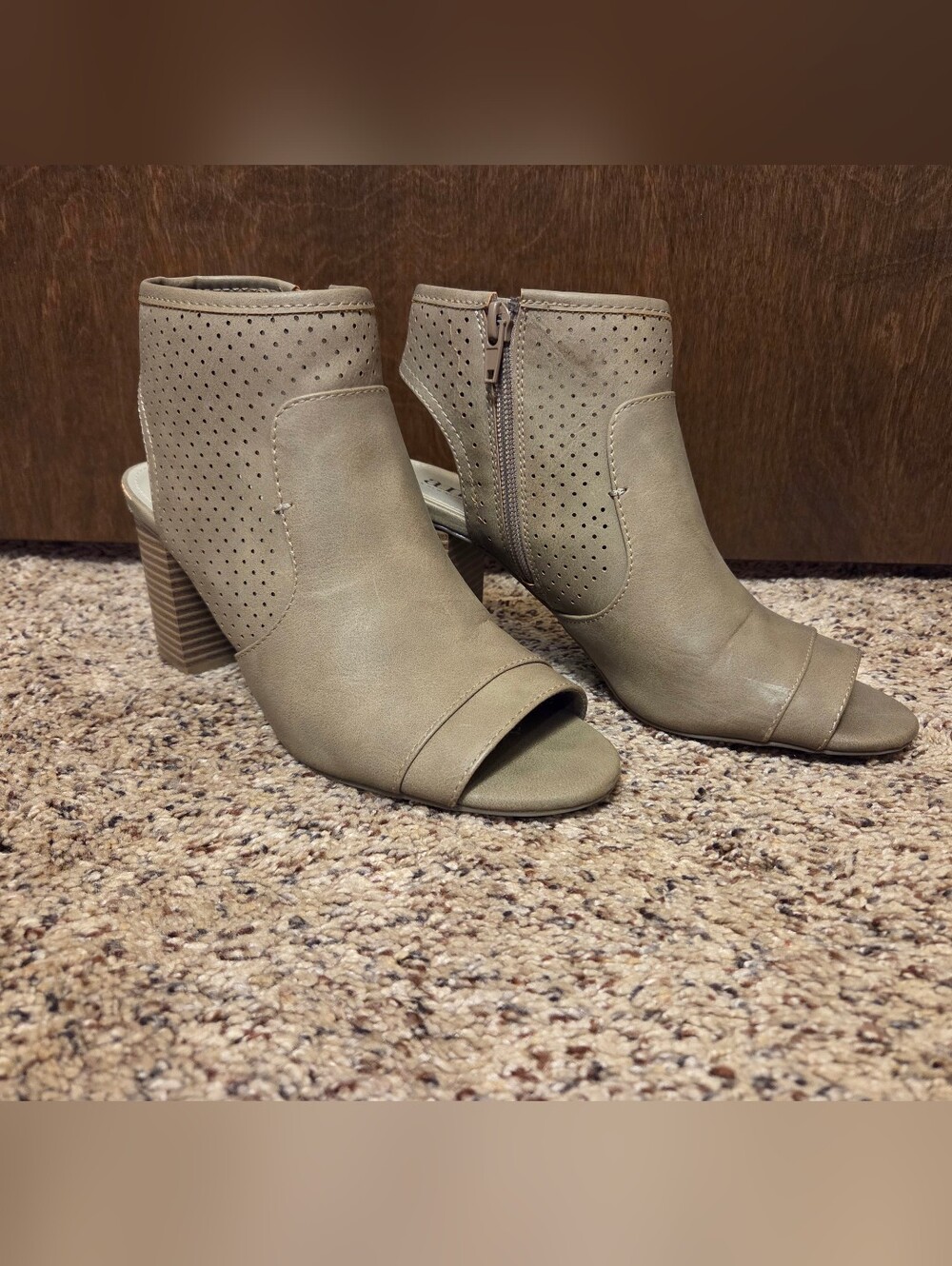 a.n.a Taupe Perforated Peep-Toe Block Heel Mules